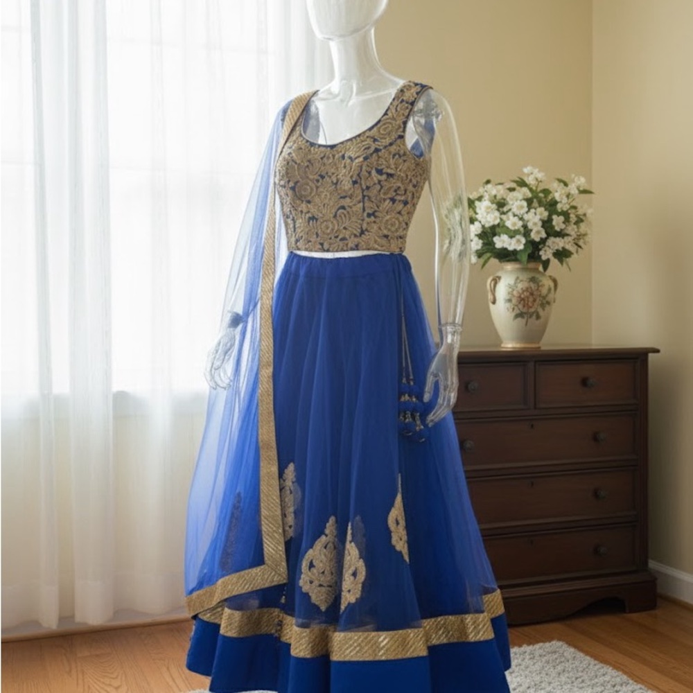 Elegant Blue and Gold Women's Lehenga Choli & Dupatta with lace underskirt | XS